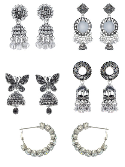 Pack of 5 Silver Oxidised Jhumki Earrings