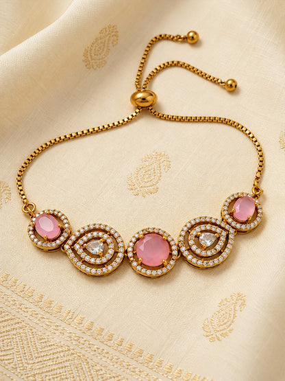 Antique Gold Plated Pink AD Adjustable Bracelet for Women