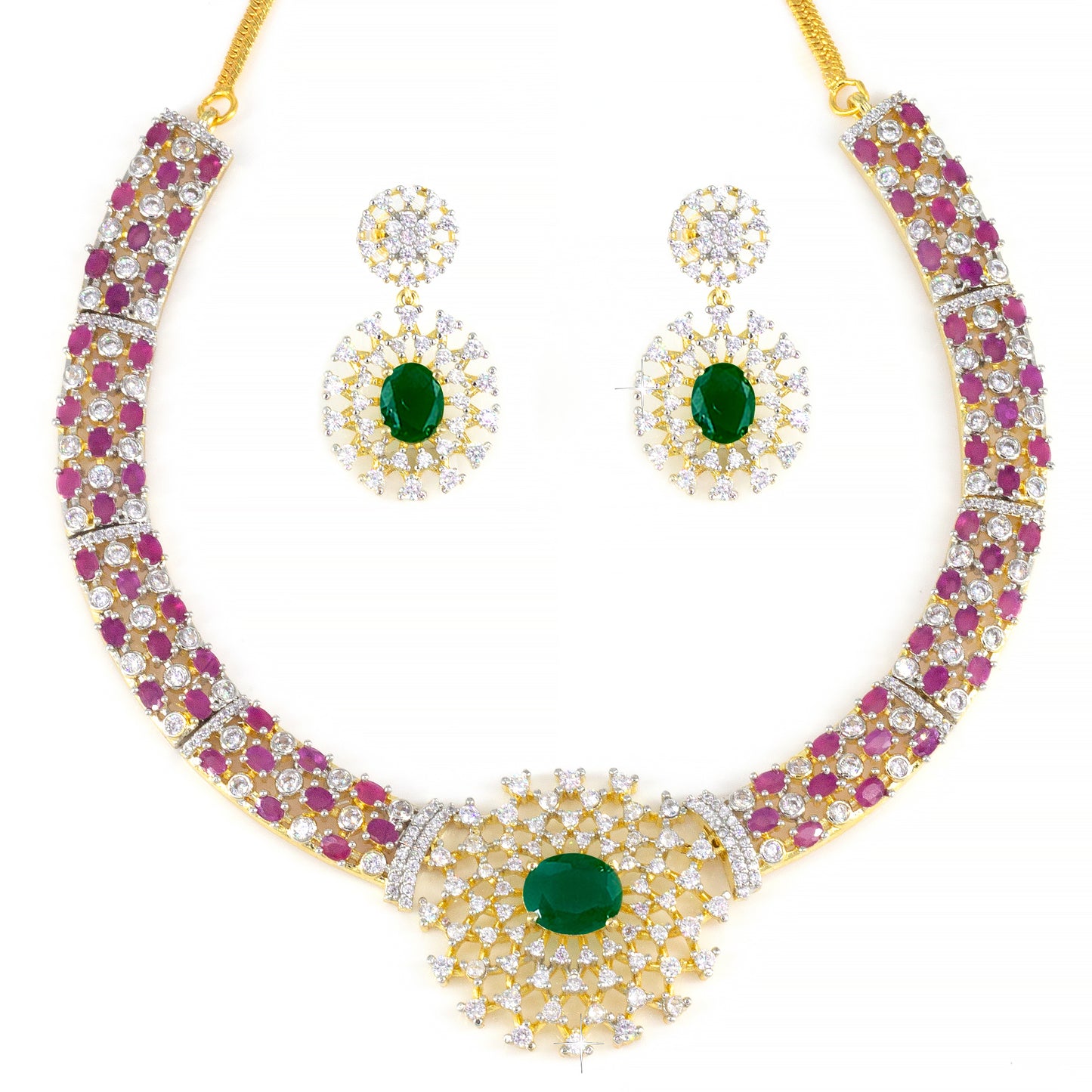 Statement Ruby & Emerald Traditional American Diamond Jewellery Set