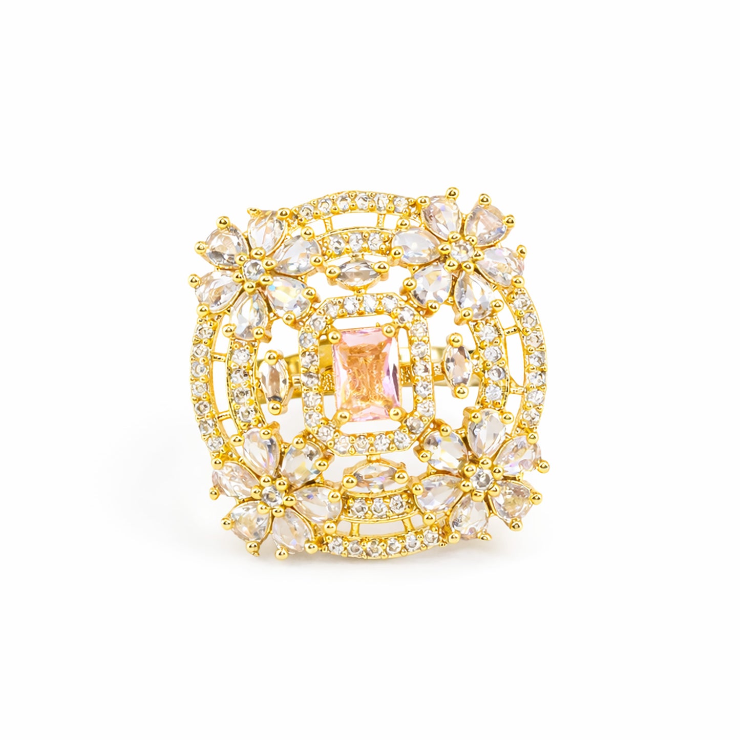 Gold Plated Pink AD Floral Finger Ring for Women
