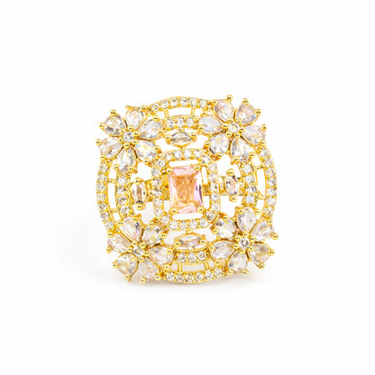 Gold Plated Pink AD Floral Finger Ring for Women