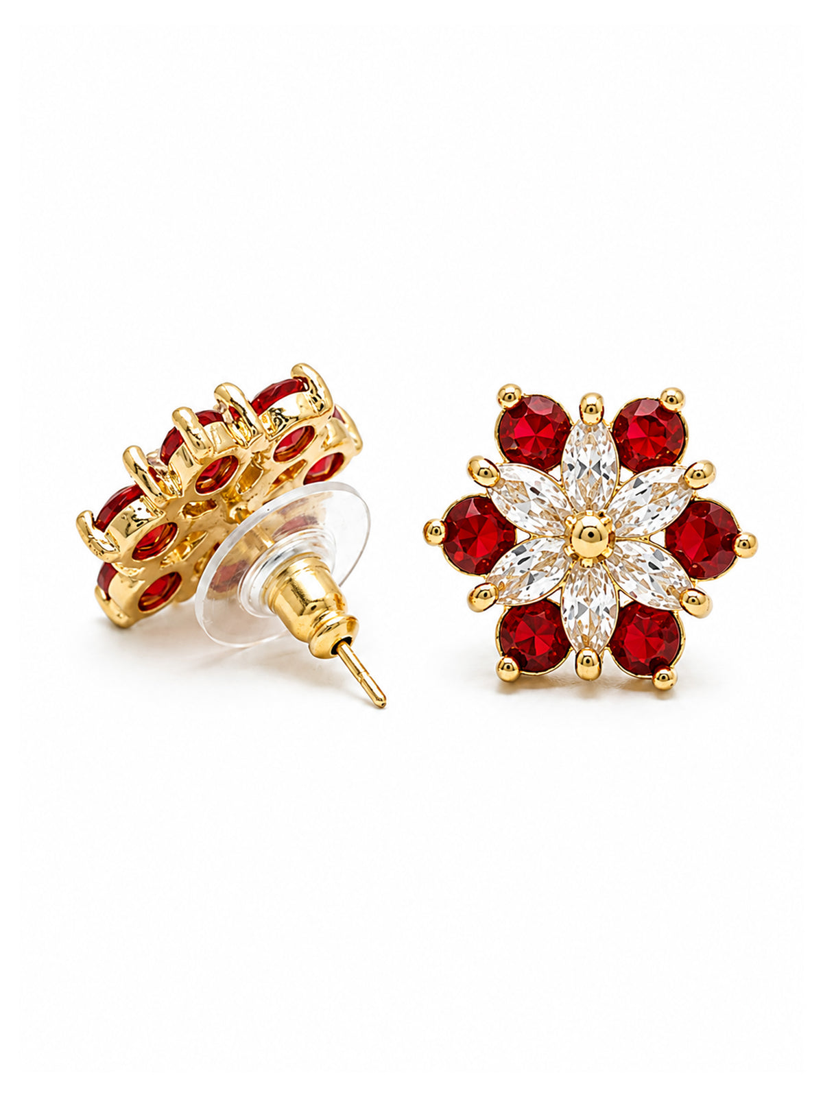 Gold Plated Red AD Floral Stud Earrings for Women