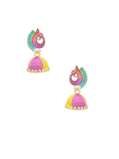 Gold Plated Peacock Multi Color Artificial Beaded Jhumki Earrings