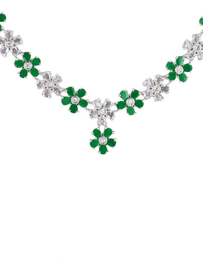 Silver Plated Green AD Floral Jewellery Set for Women