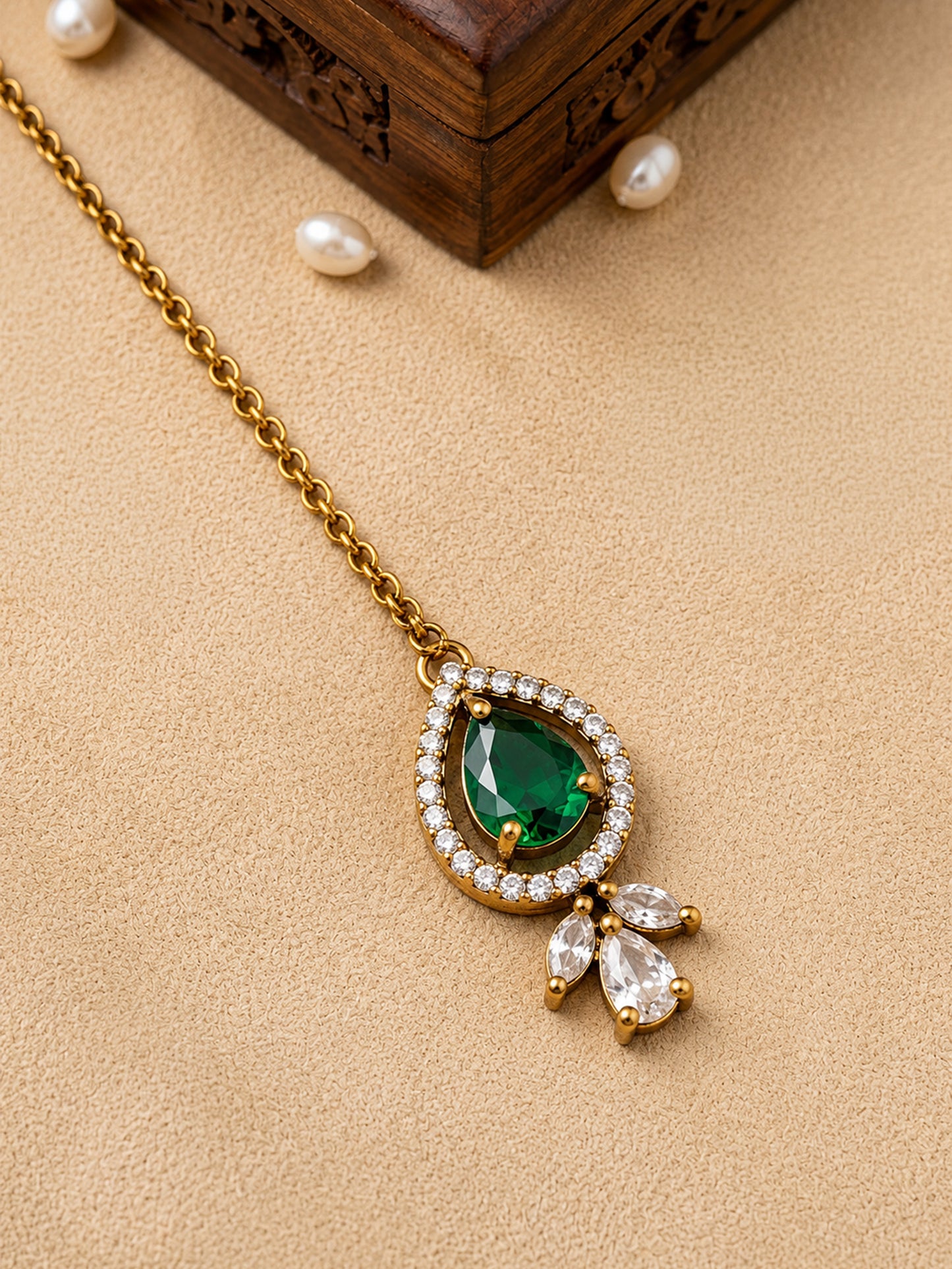 Antique Gold Plated Green AD Maang Tikka for Women