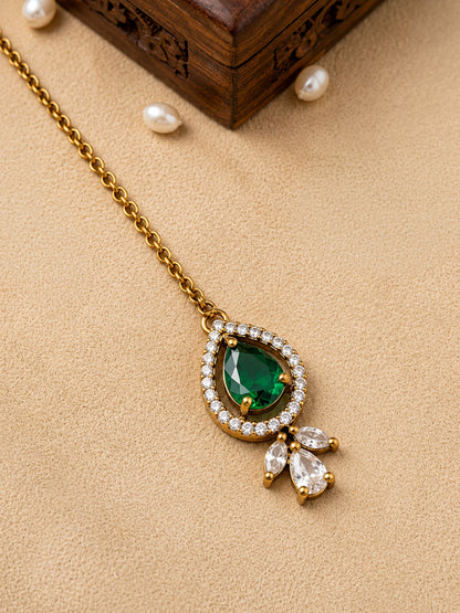 Antique Gold Plated Green AD Maang Tikka for Women