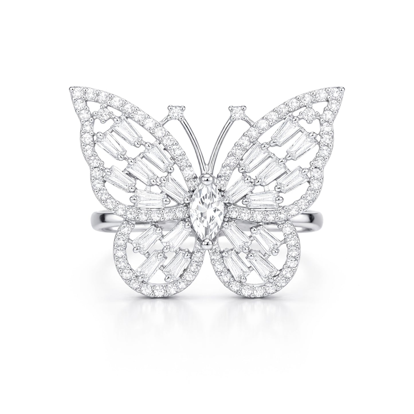 Silver Plated AD Butterfly Adjustable Finger Ring for Women