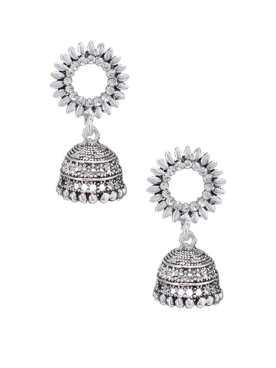 Silver Oxidised Circular CZ Studded Jhumki Earrings For Women