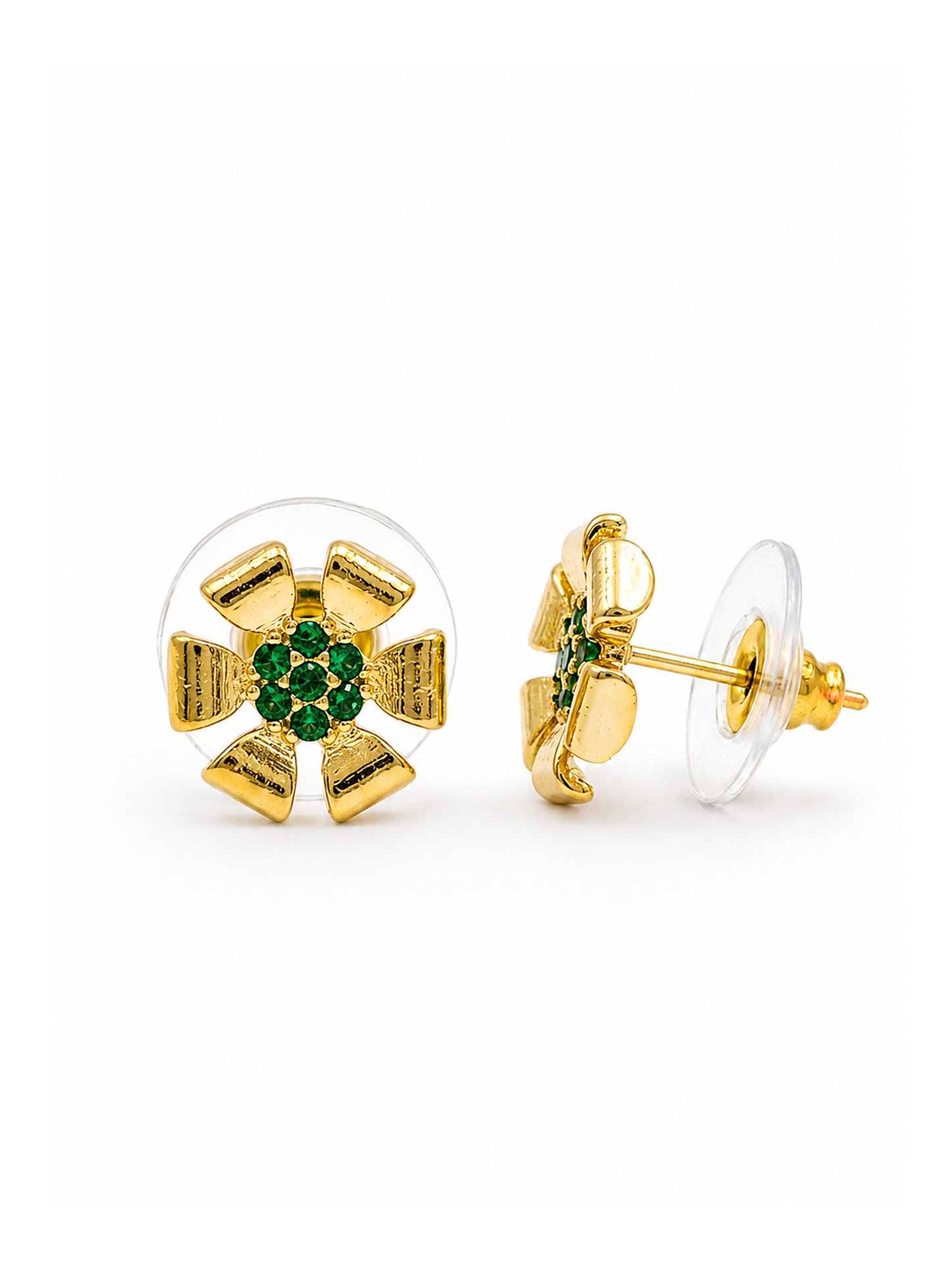 Gold Plated Green AD Floral Stud Earrings for Women