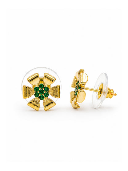 Gold Plated Green AD Floral Stud Earrings for Women