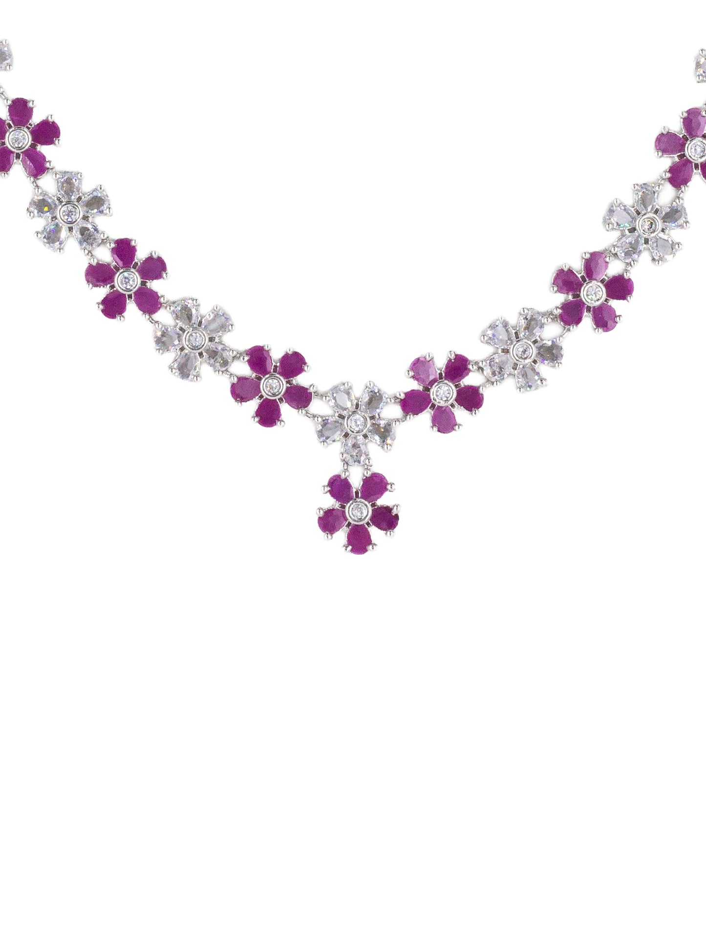 Rhodium Plated Ruby American Diamond Studded Floral Jewellery Set
