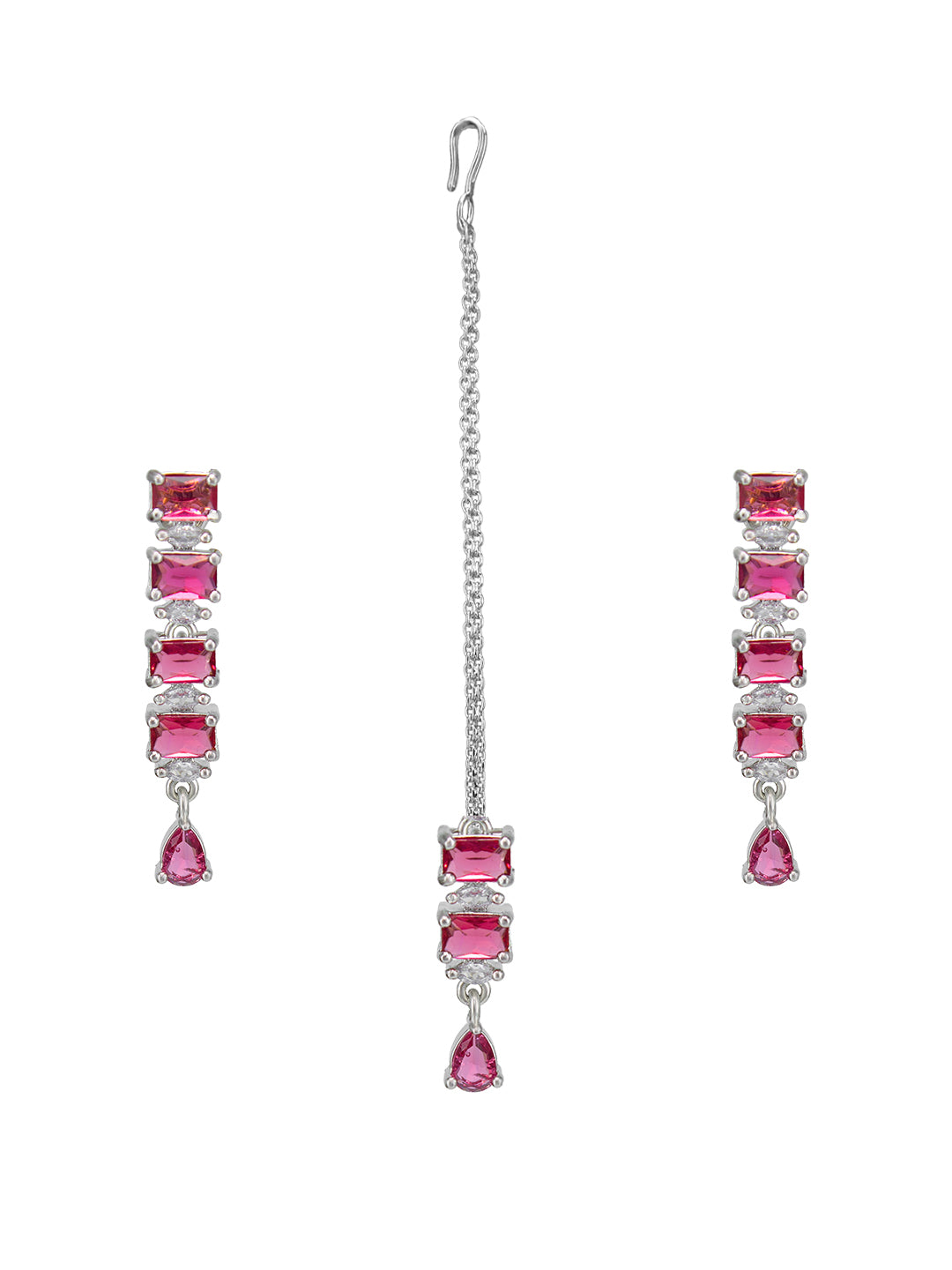 Rhodium-Plated Red American Diamond Studded Jewellery Set With Maangtika