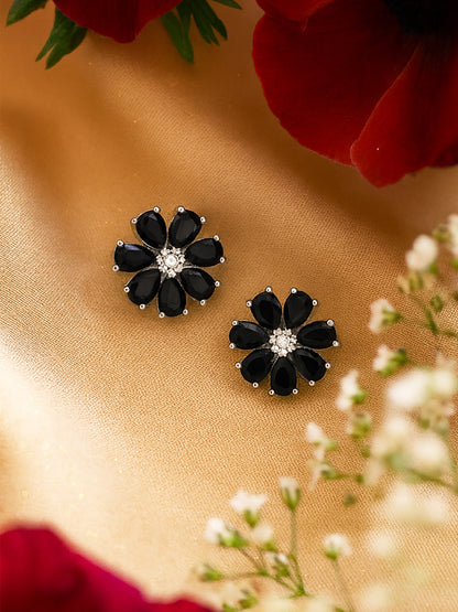 Silver Plated Blue Floral AD Stud Earrings For Women