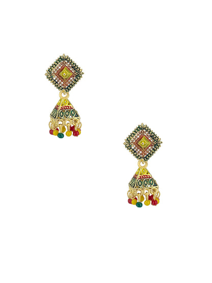 Gold Plated Square Multi Color Artificial Beaded Jhumki Earrings