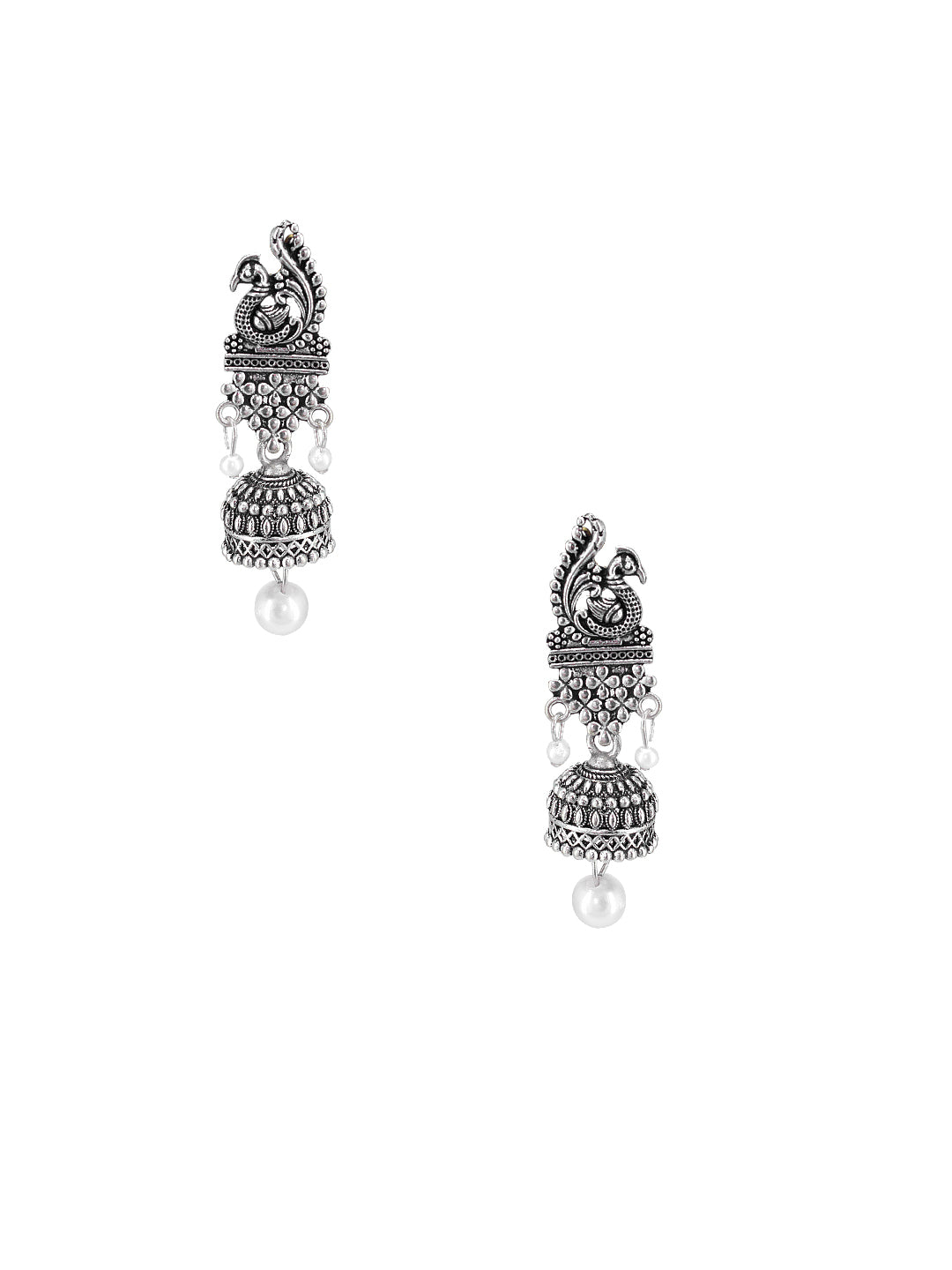Silver Oxidized Peacock Beads Jhumki Earrings