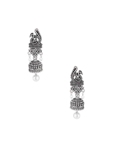 Silver Oxidized Peacock Beads Jhumki Earrings