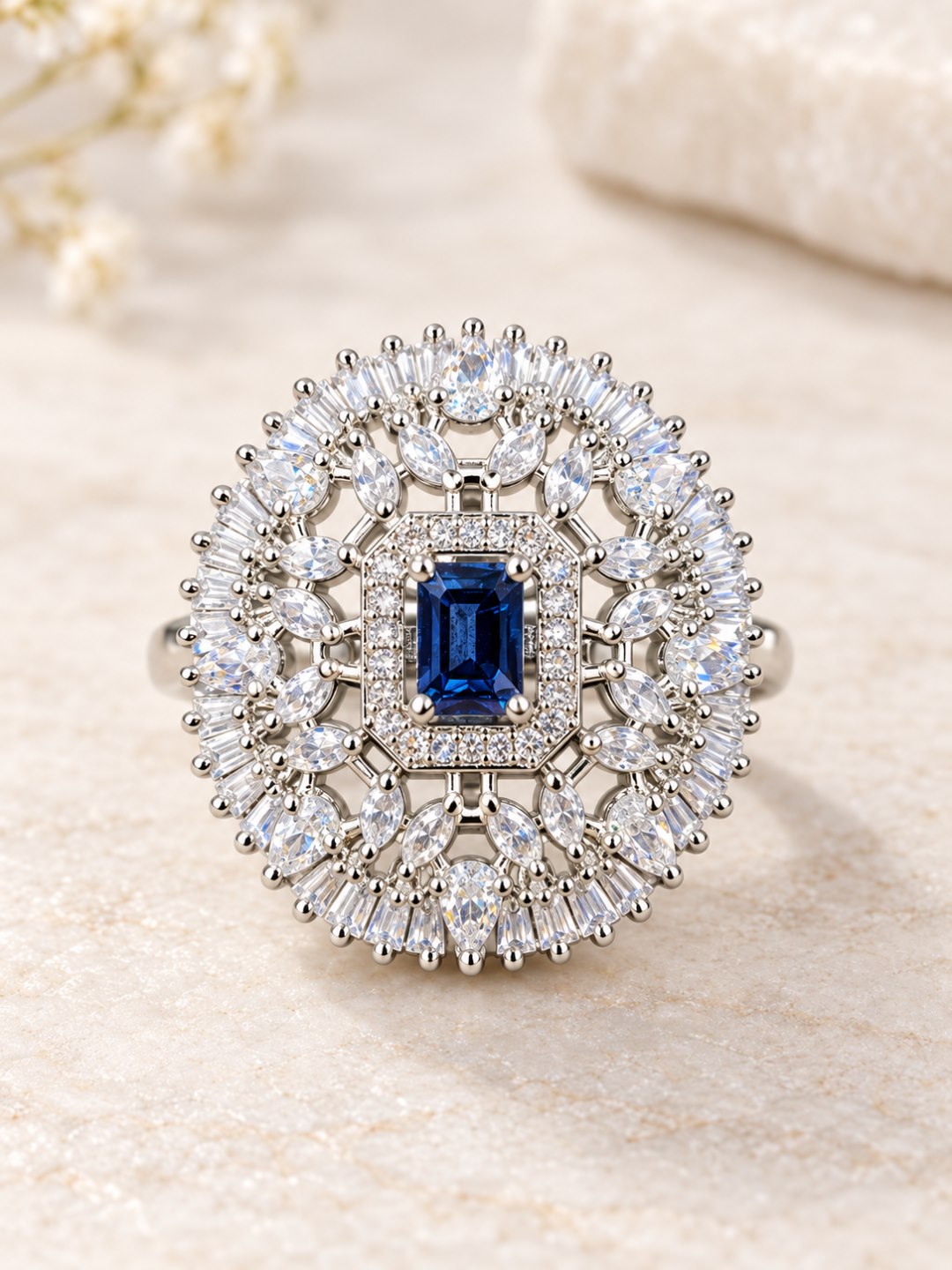 Silver Plated Blue AD Finger Ring for Women