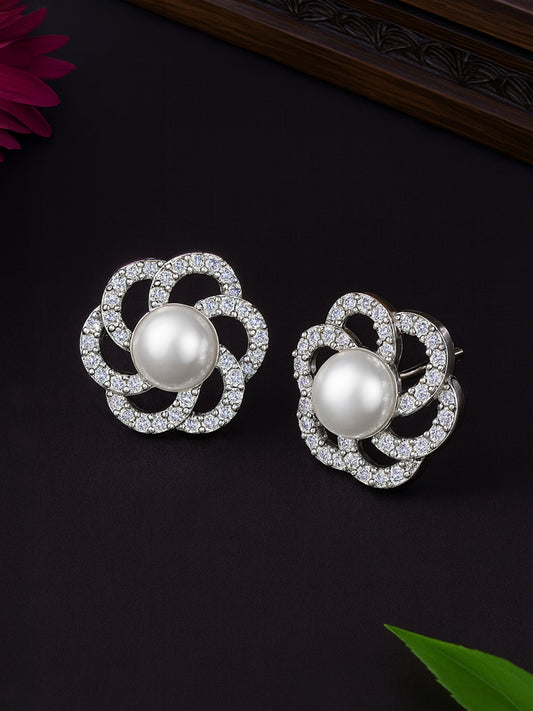 Rhodium Plated AD & Pearl Floral Designer Stud Earrings for Women