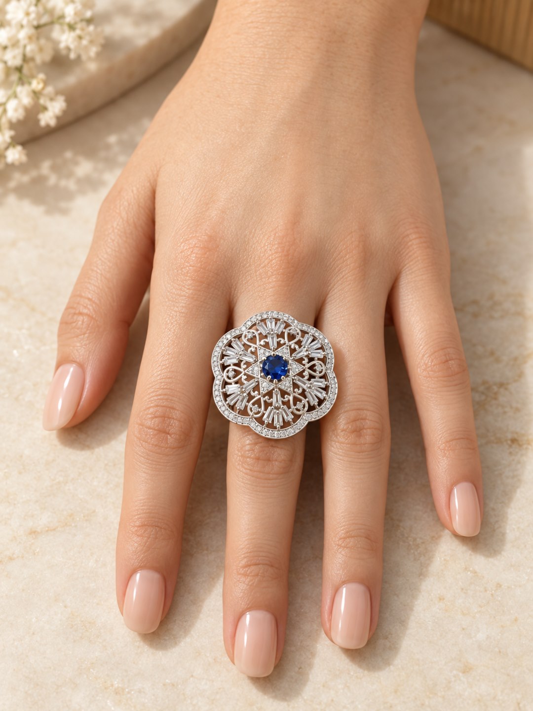 Silver Plated Blue AD Finger Ring for Women