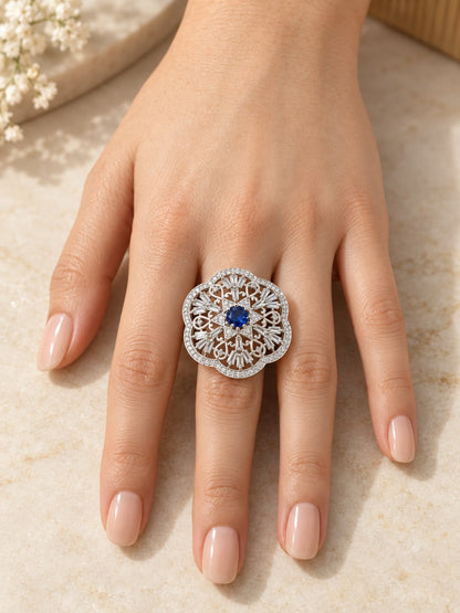 Silver Plated Blue AD Finger Ring for Women