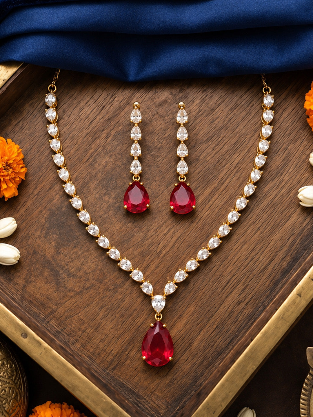 South Indian Gold Plated Red AD Teardrop Jewellery Set for Women