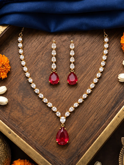 South Indian Gold Plated Red AD Teardrop Jewellery Set for Women