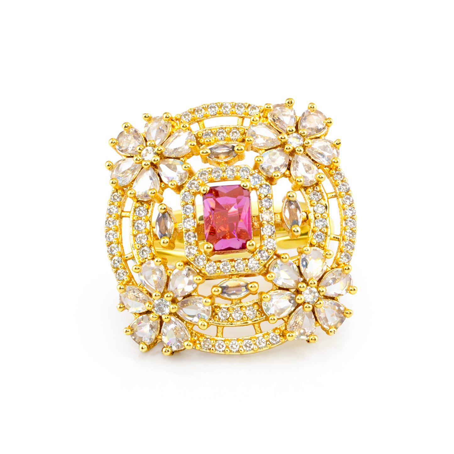 Gold Plated Red AD Floral Adjustable Finger Ring for Women