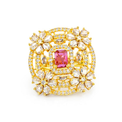 Gold Plated Red AD Floral Adjustable Finger Ring for Women