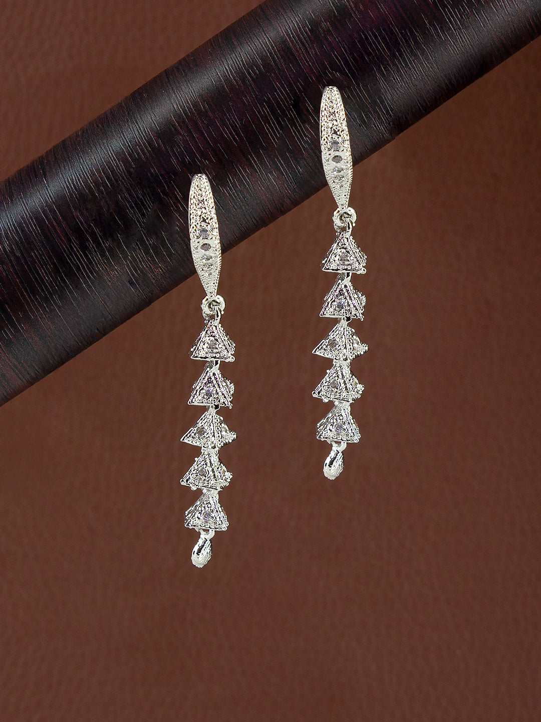 Silver Plated American Diamond 5 Layer Triangle Jhumka Earrings