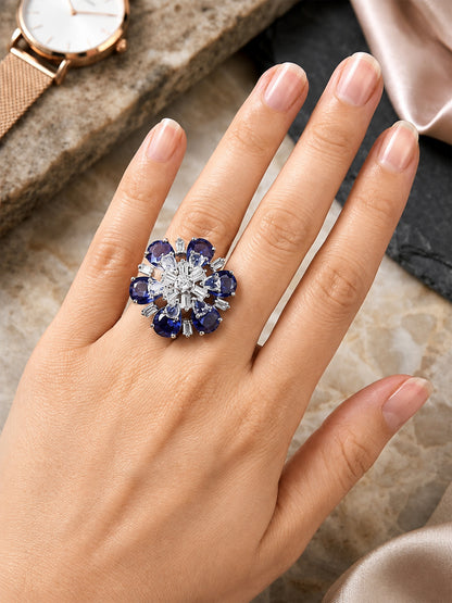 Silver Plated Purple AD Floral Finger Ring for Women