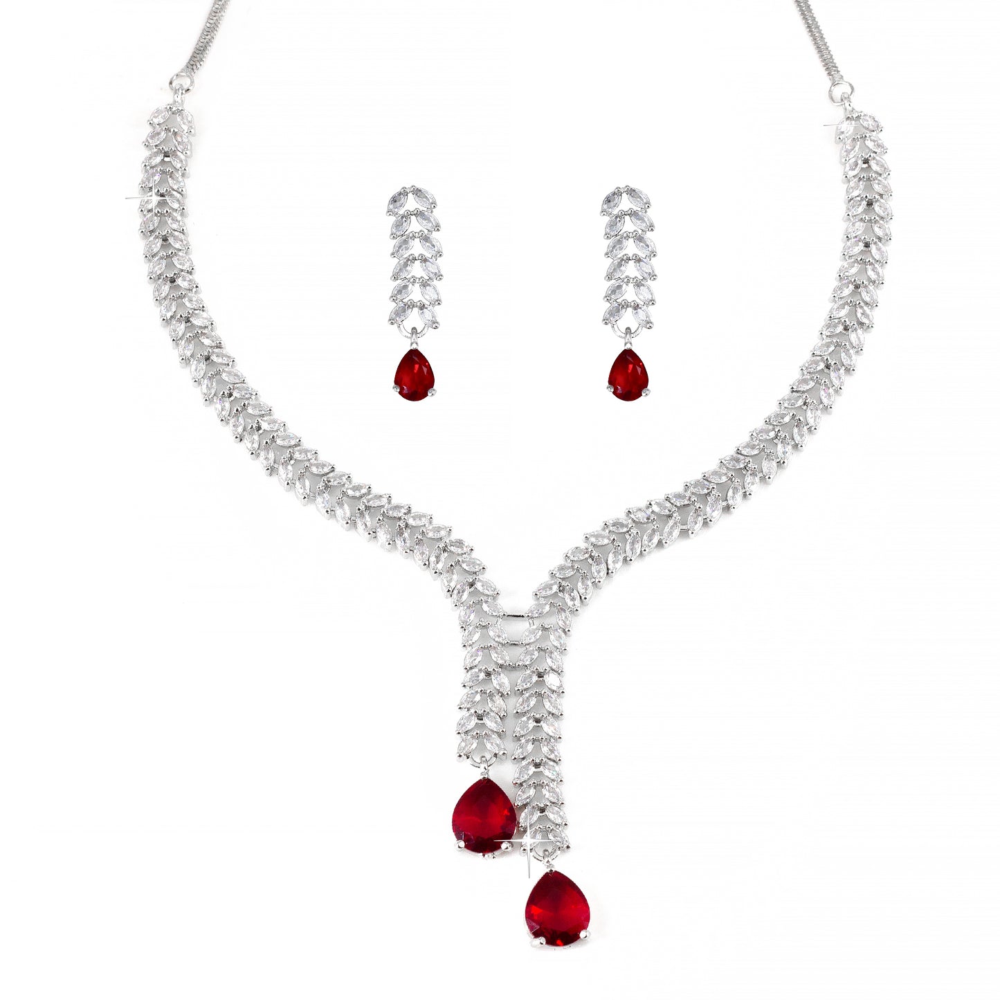 Red American Diamond  Tear Drop Leaf Party Jewellery Set