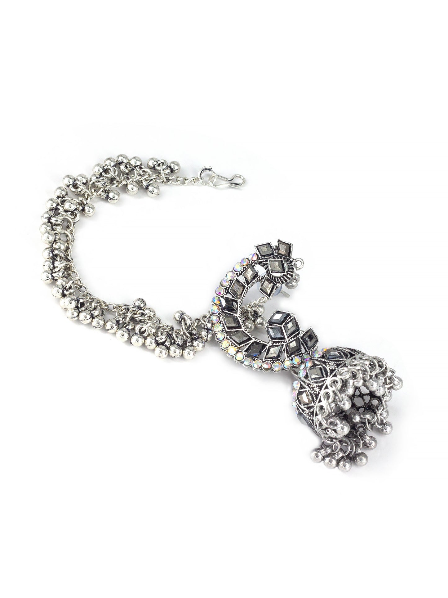 Silver Oxidised Rhinestone Jhumka Earrings with Chain