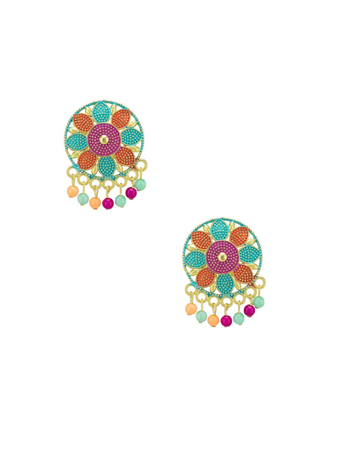 Silver-Plated Circular Floral Multi Color Stud Earrings
