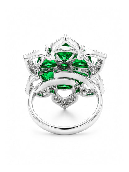 Rhodium Plated Green AD Floral Finger Ring for Women