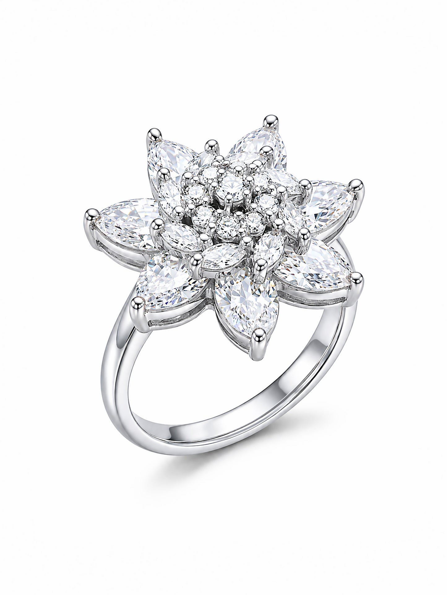 Rhodium Plated AD Floral Finger Ring for Women