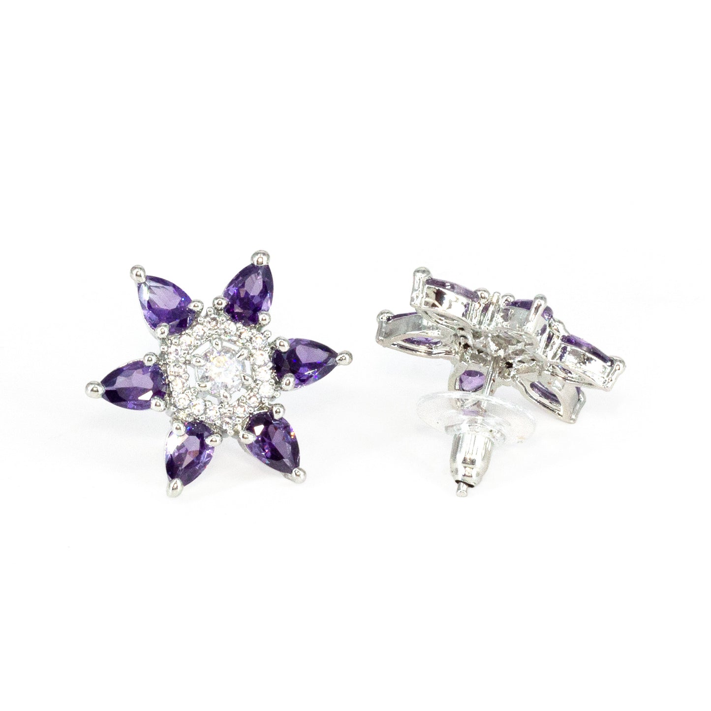Silver Plated Purple AD Floral Stud Earrings for Women