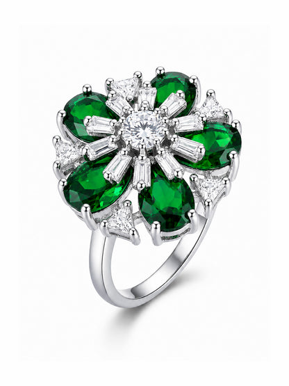 Rhodium Plated Green AD Floral Finger Ring for Women