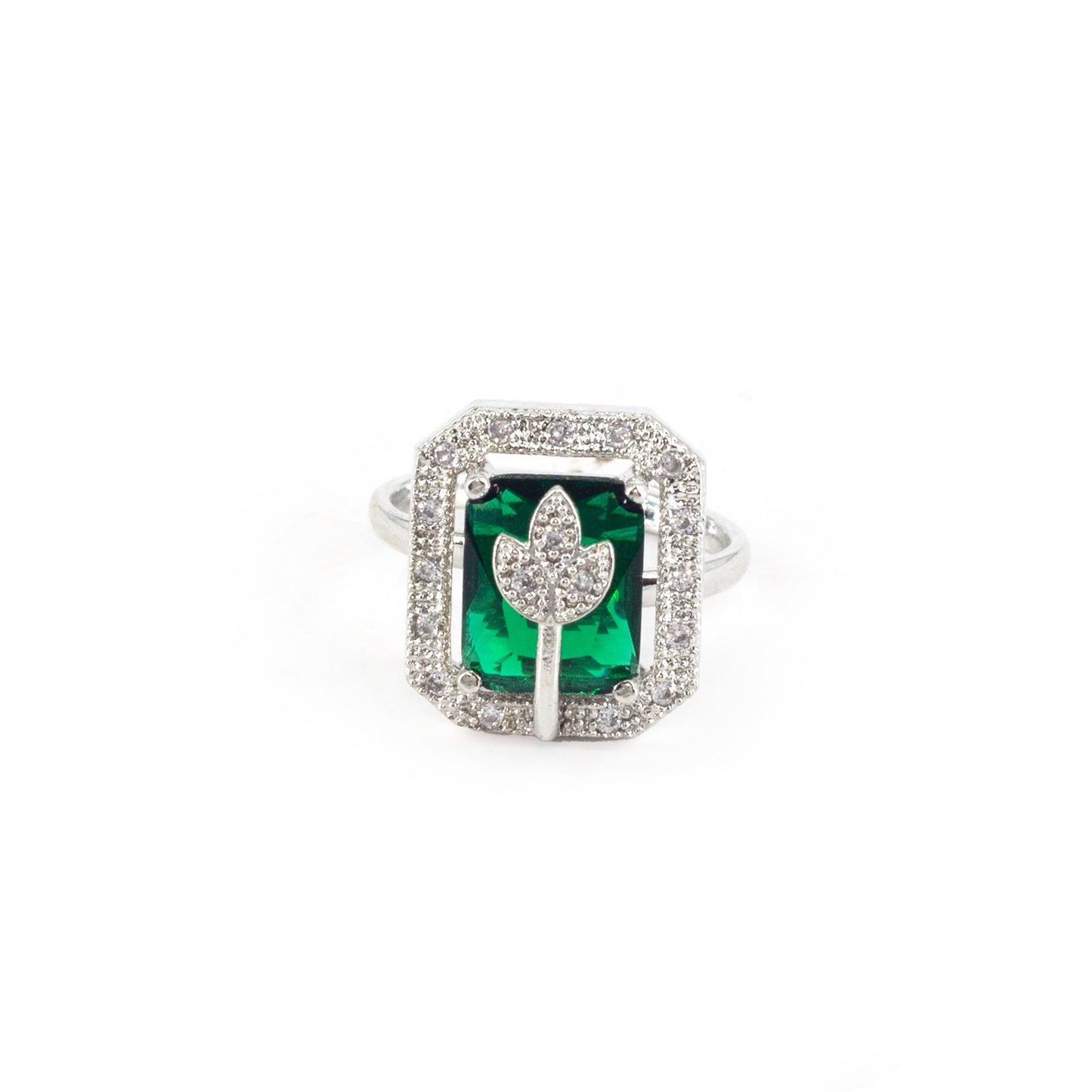 Rhodium Plated Green AD Leaf Adjustable Ring for Women