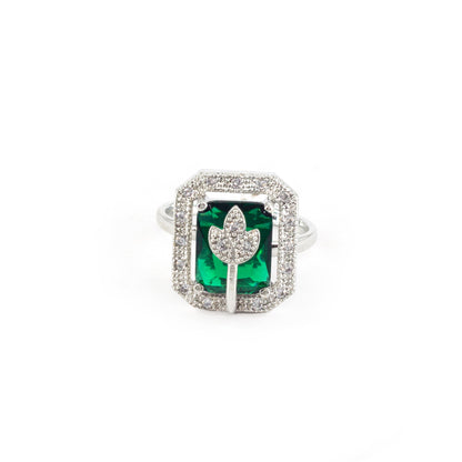 Rhodium Plated Green AD Leaf Adjustable Ring for Women
