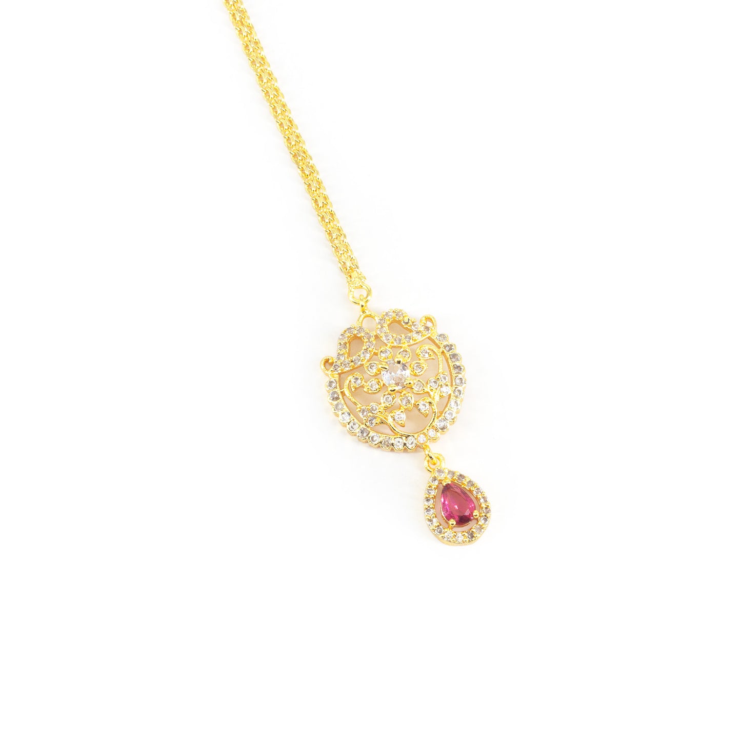 Gold Plated Red AD Floral Maang Tikka for Women
