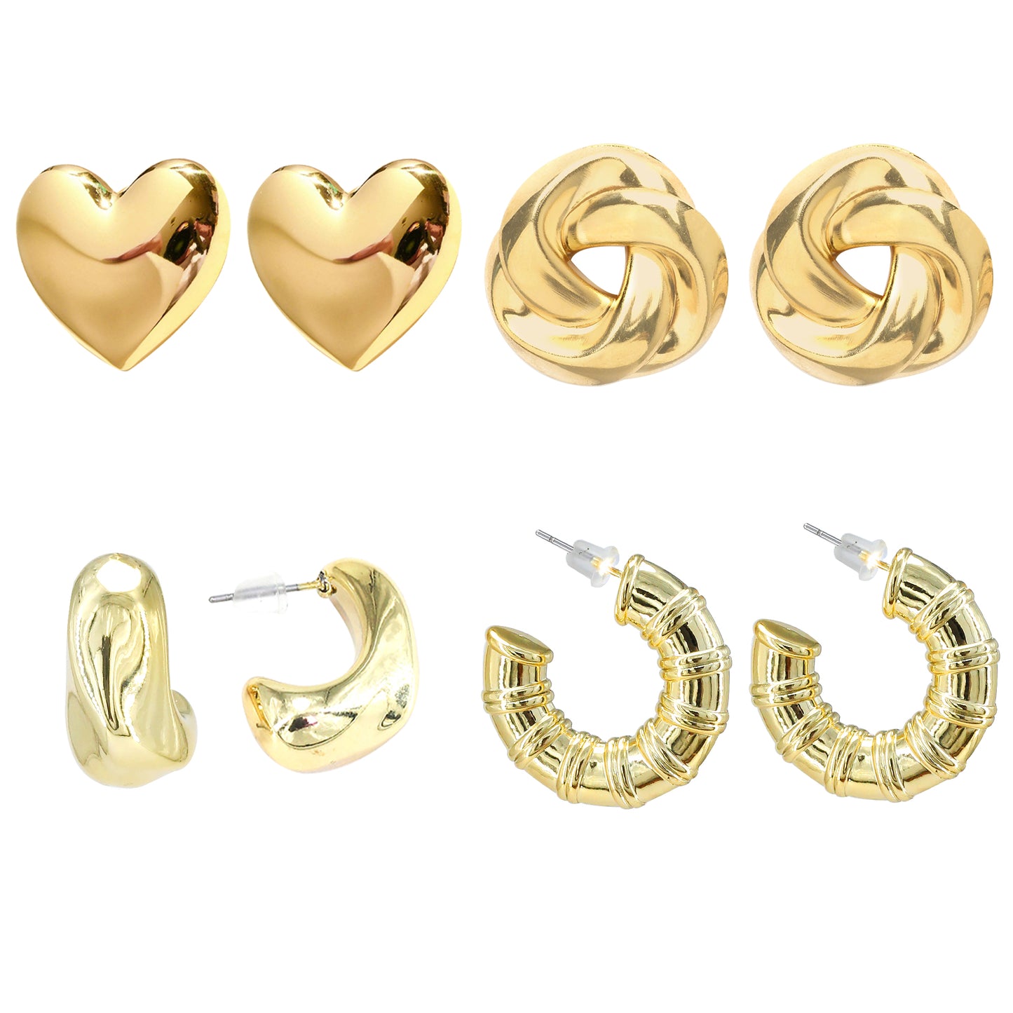 Set of 4 Gold-Plated Quirky Half Hoop & Studs Earrings