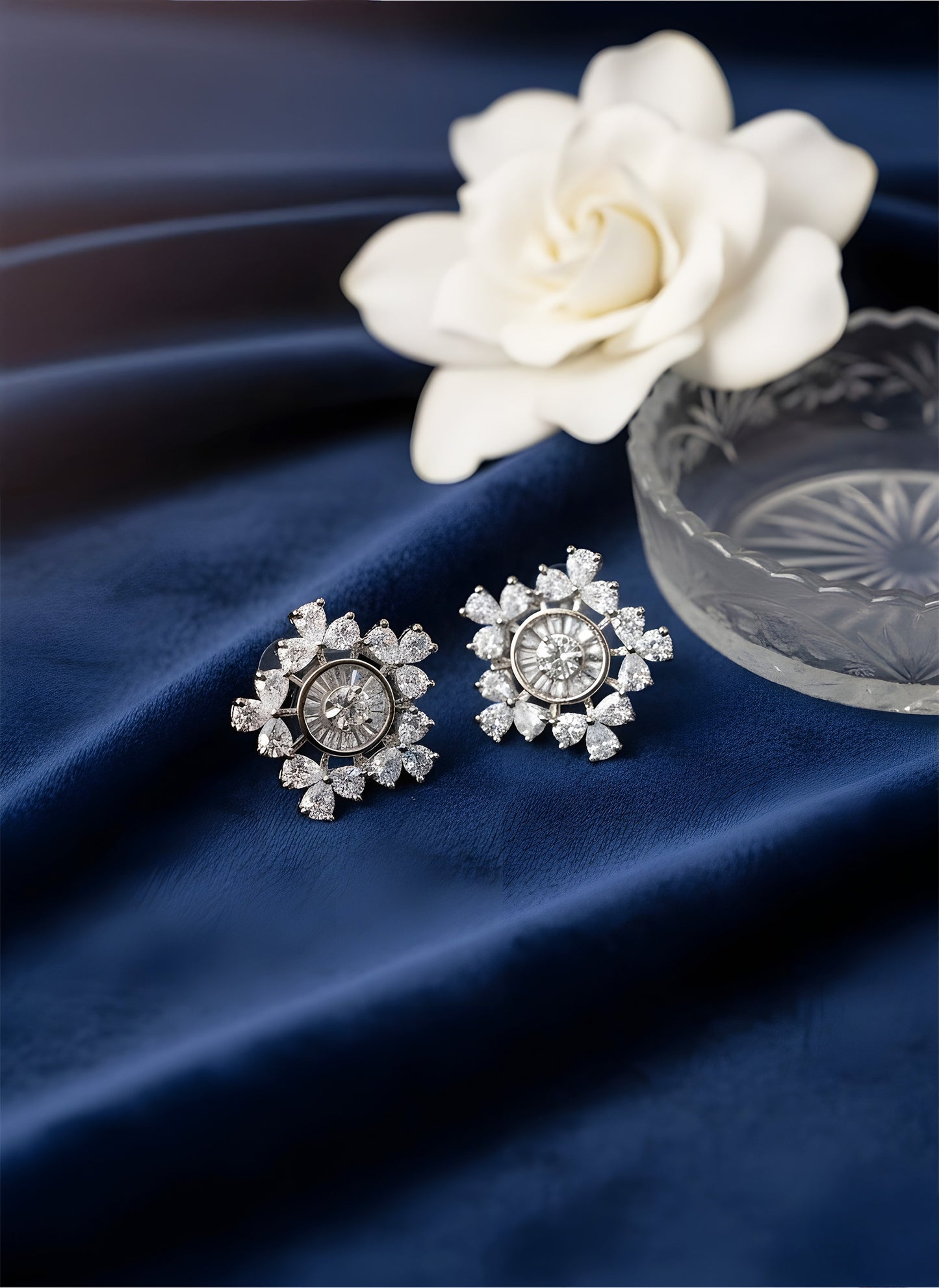 Silver Plated AD Floral Earrings for Women