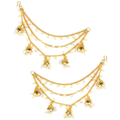 Gold-Plated 3-Layered Beads & Jhumki Drop Ear Chain