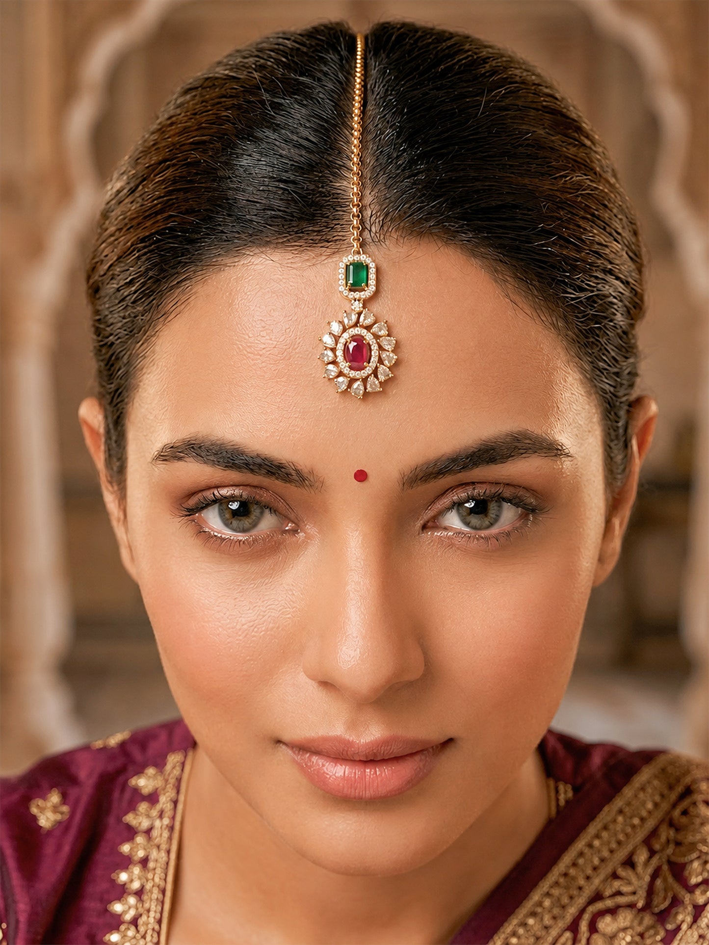 Antique Gold Plated Red AD Maang Tikka for Women