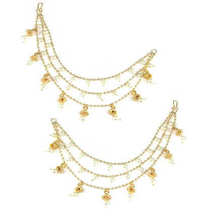 Gold-Plated 3-Layered Beads & 8 Jhumki Drop Ear Chain