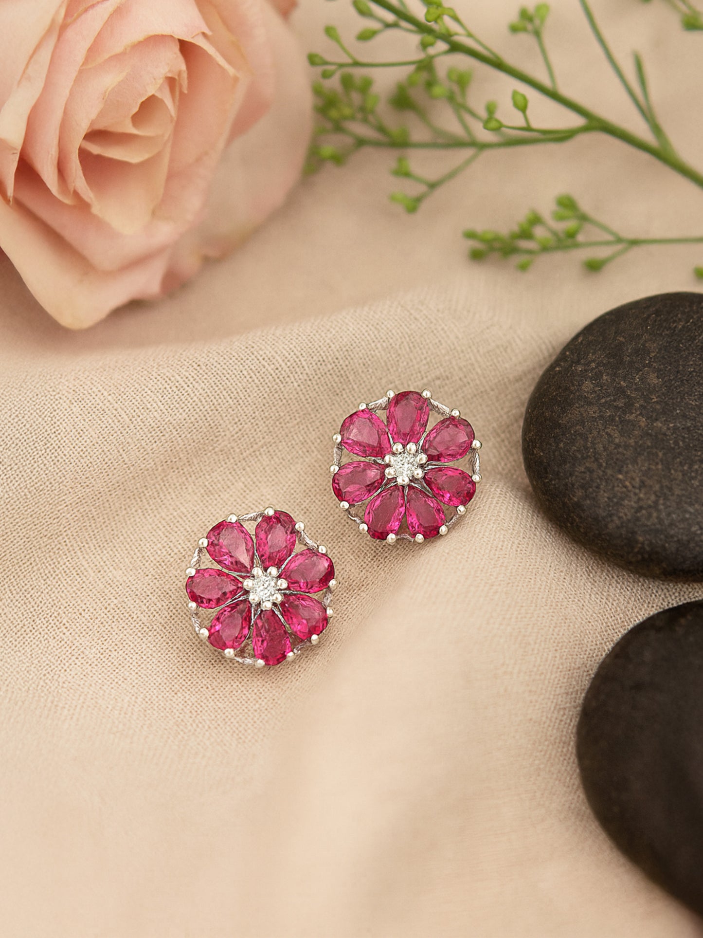 Silver Plated Green Floral AD Stud Earrings For Women