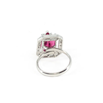 Rhodium Plated Red AD Leaf Adjustable Ring for Women