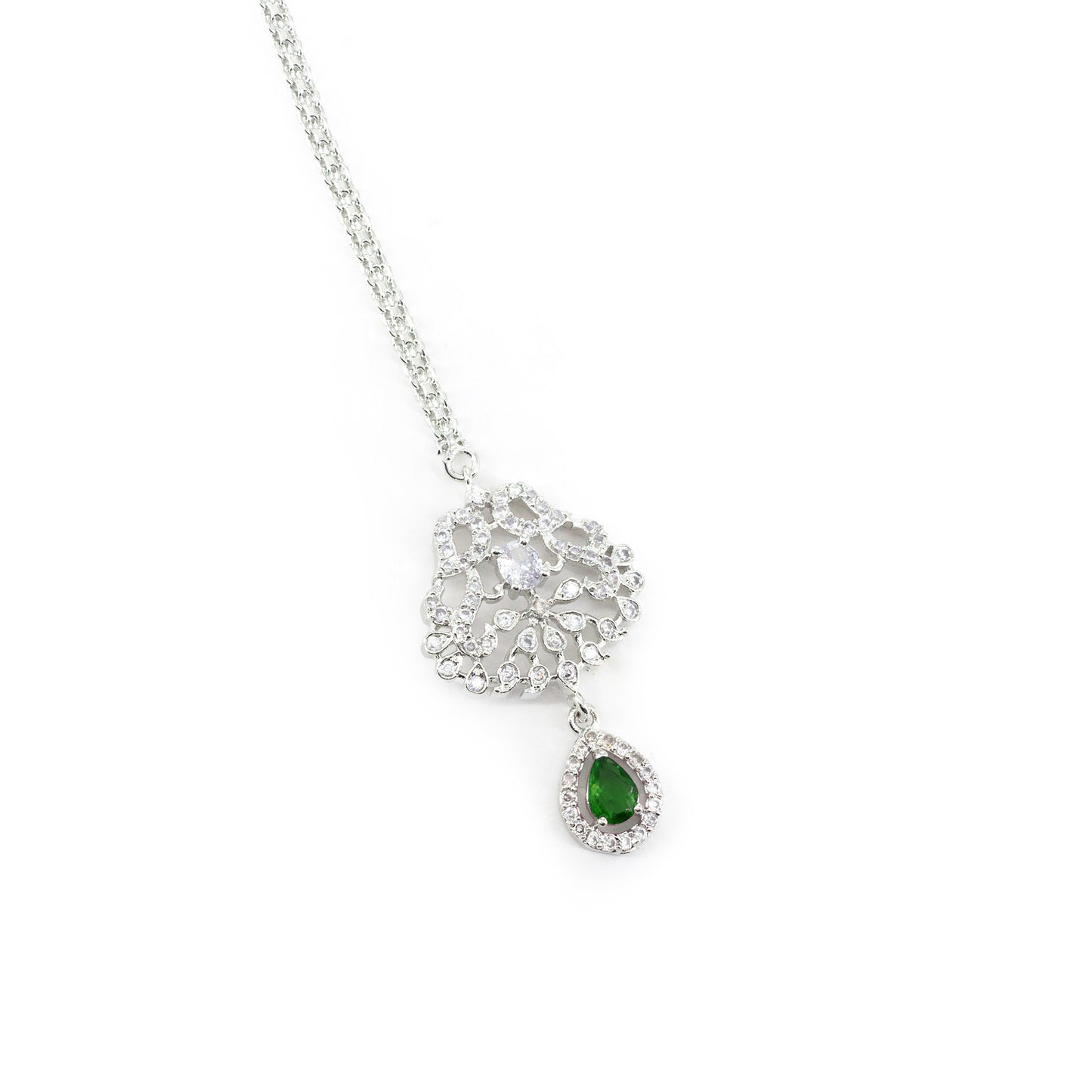 Silver Plated Green AD Maang Tikka for Women