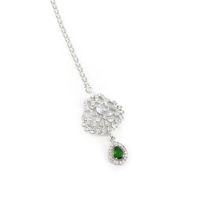 Silver Plated Green AD Maang Tikka for Women