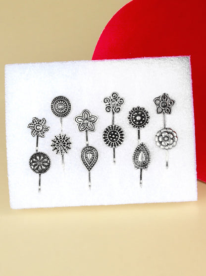 Set of 12 Silver-Oxidised Floral Non-Piercing Nosepins